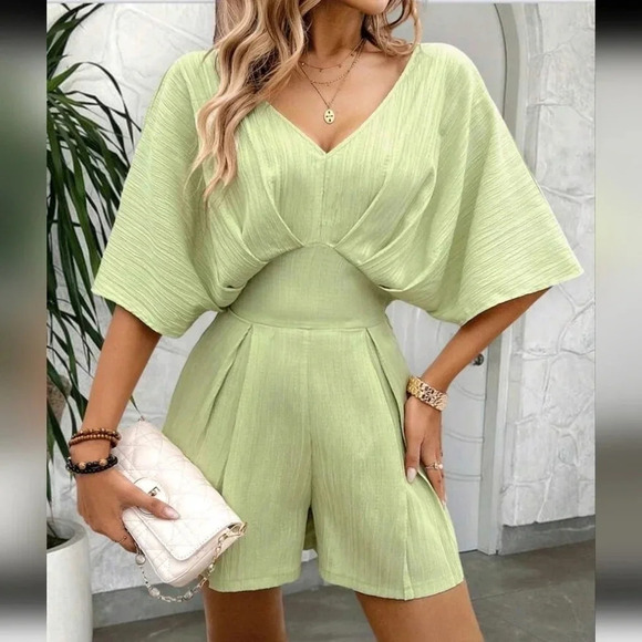 Summer Vacation Casual Solid Color Pleated Batwing Sleeve Jumpsuit With Belt - Picture 5 of 5